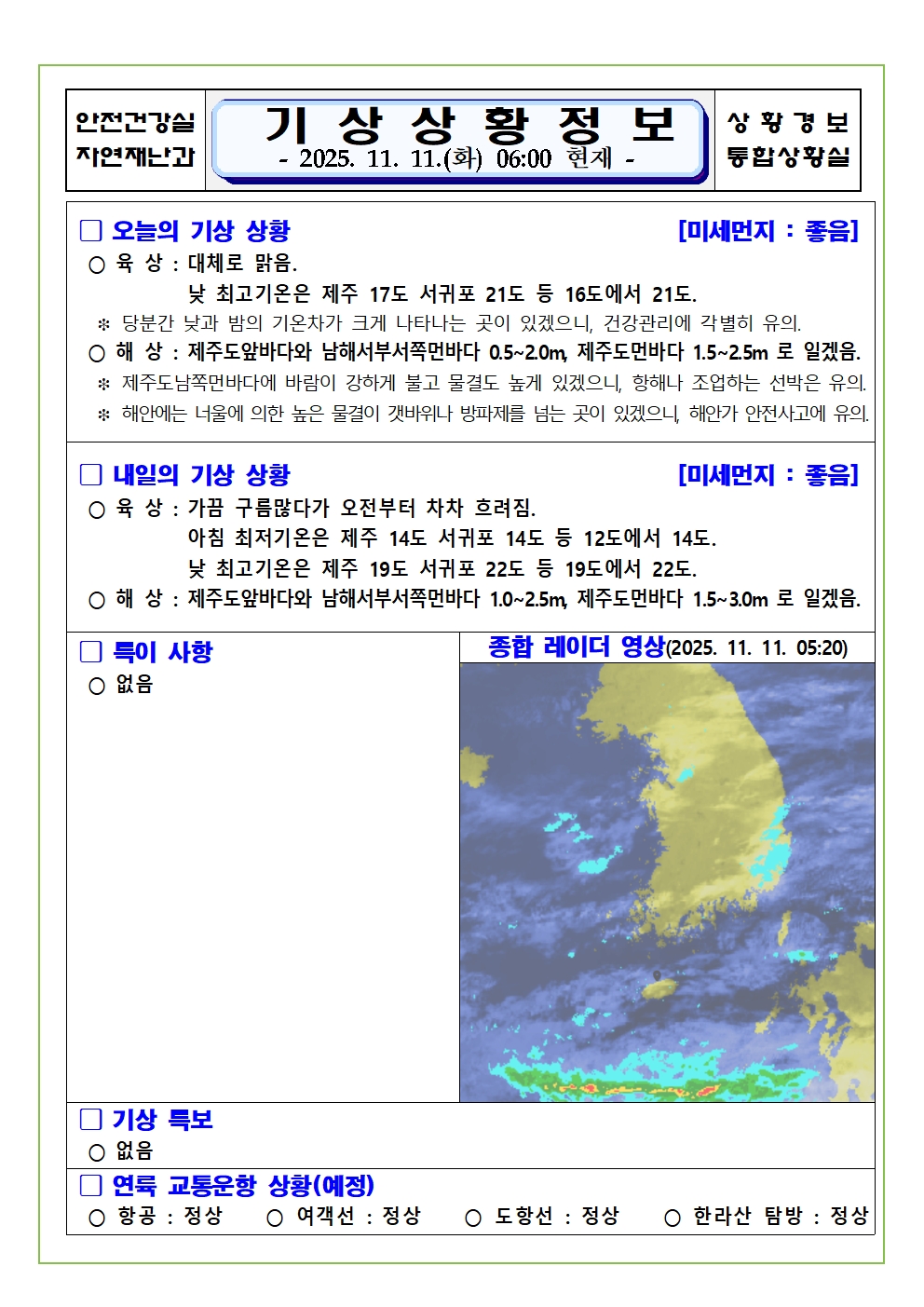 기상상황 2025. 11. 11. 화요일