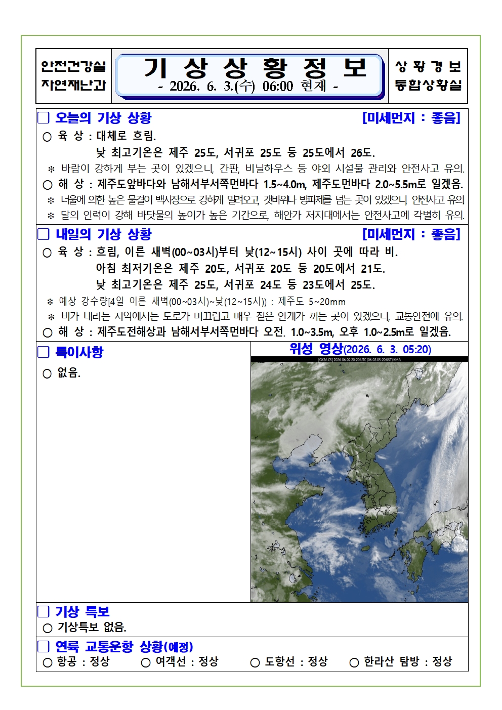 기상상황 2026. 6. 3. 수요일