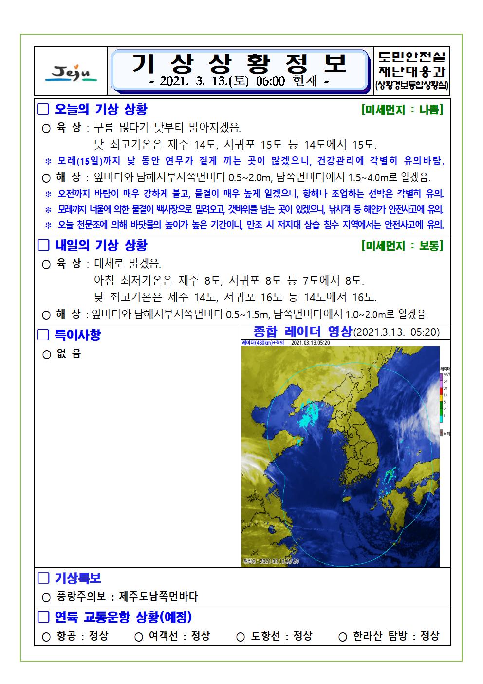 기상상황 2021. 03. 13. 토요일 