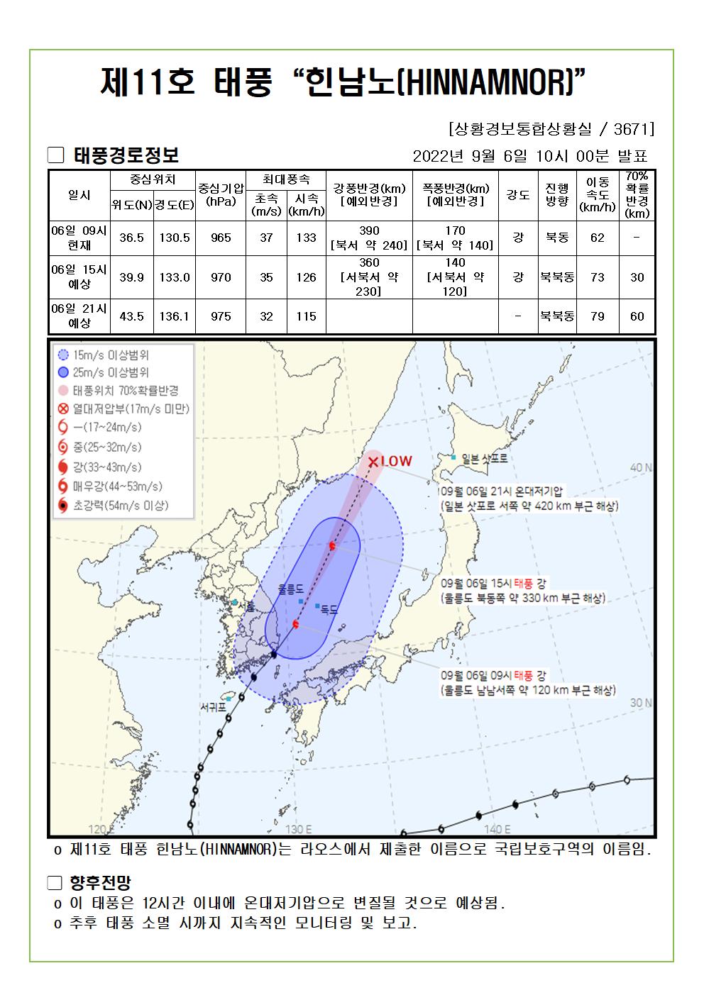 제11호 태풍 힌남노 예상진로도 2022. 9. 6.(화). 10시00분 발표 
