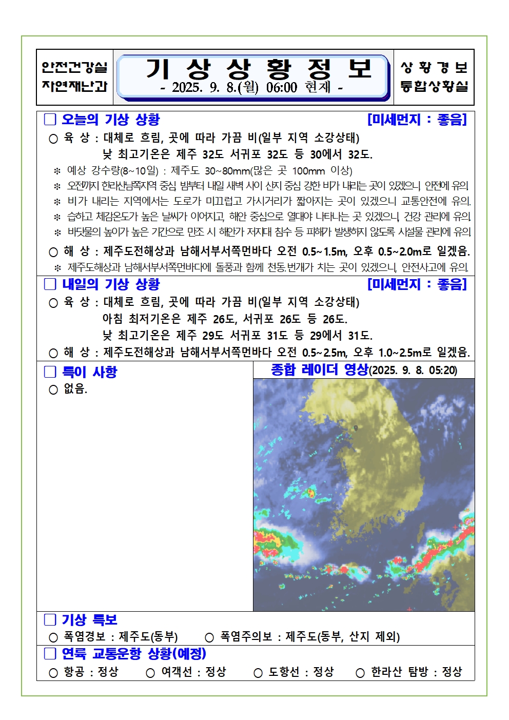 기상상황 2025. 9. 8. 월요일