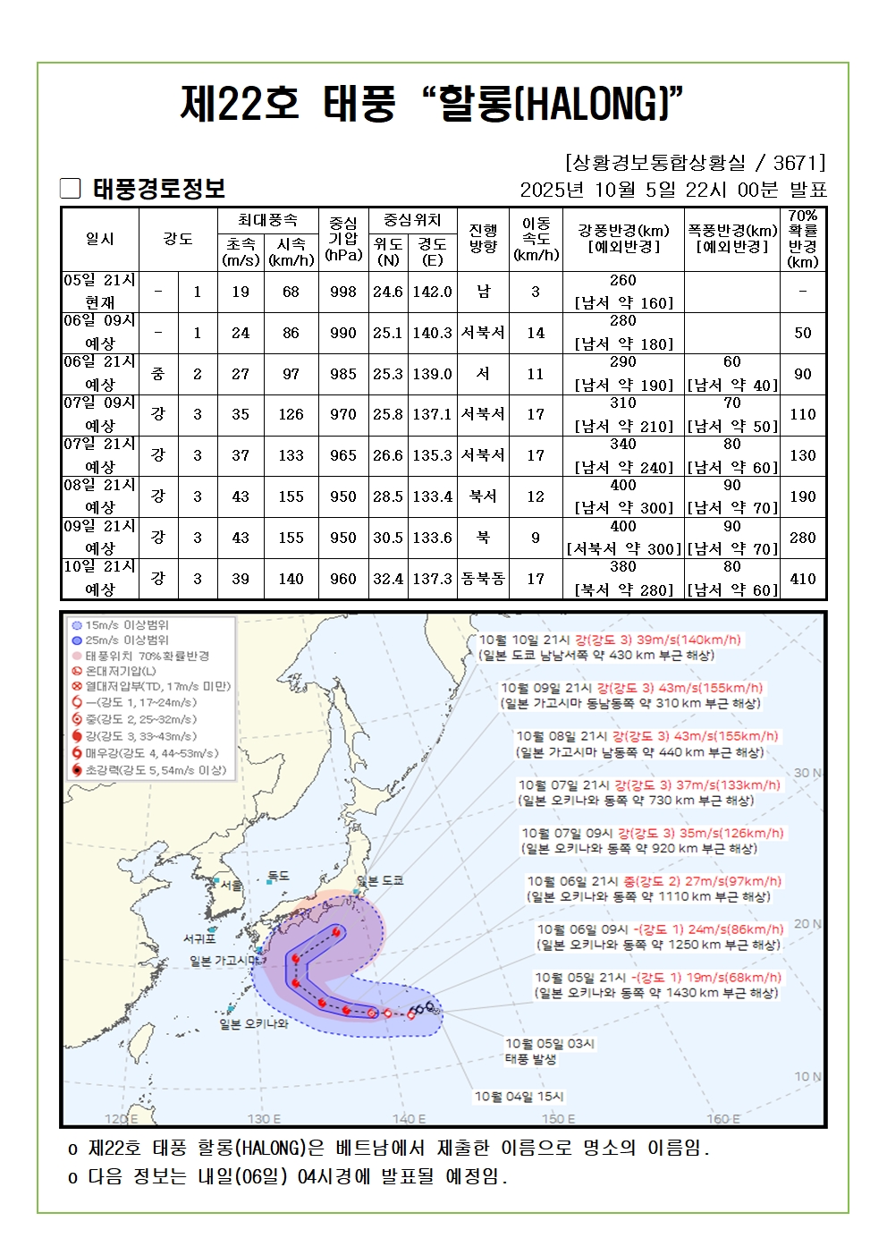 제22호 태풍 할롱 예상진로도 2025. 10. 05. 22시00분 발표