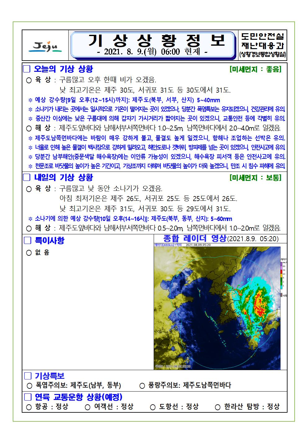 기상상황 2021.8.9. 월요일
