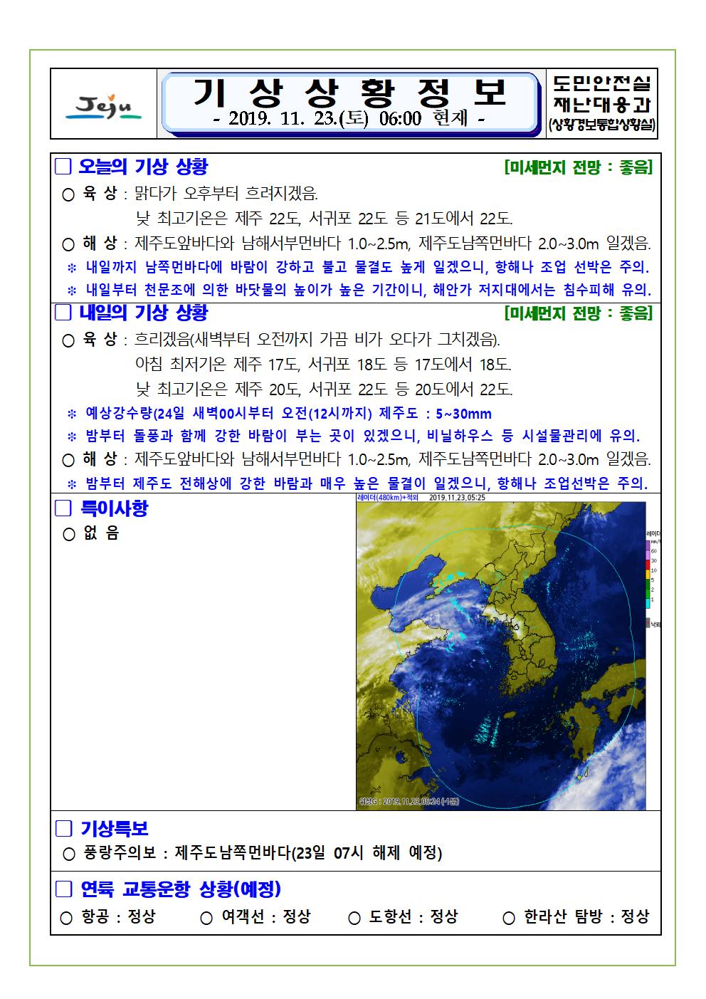 기상상황 정보 2019.11.23. 토요일 