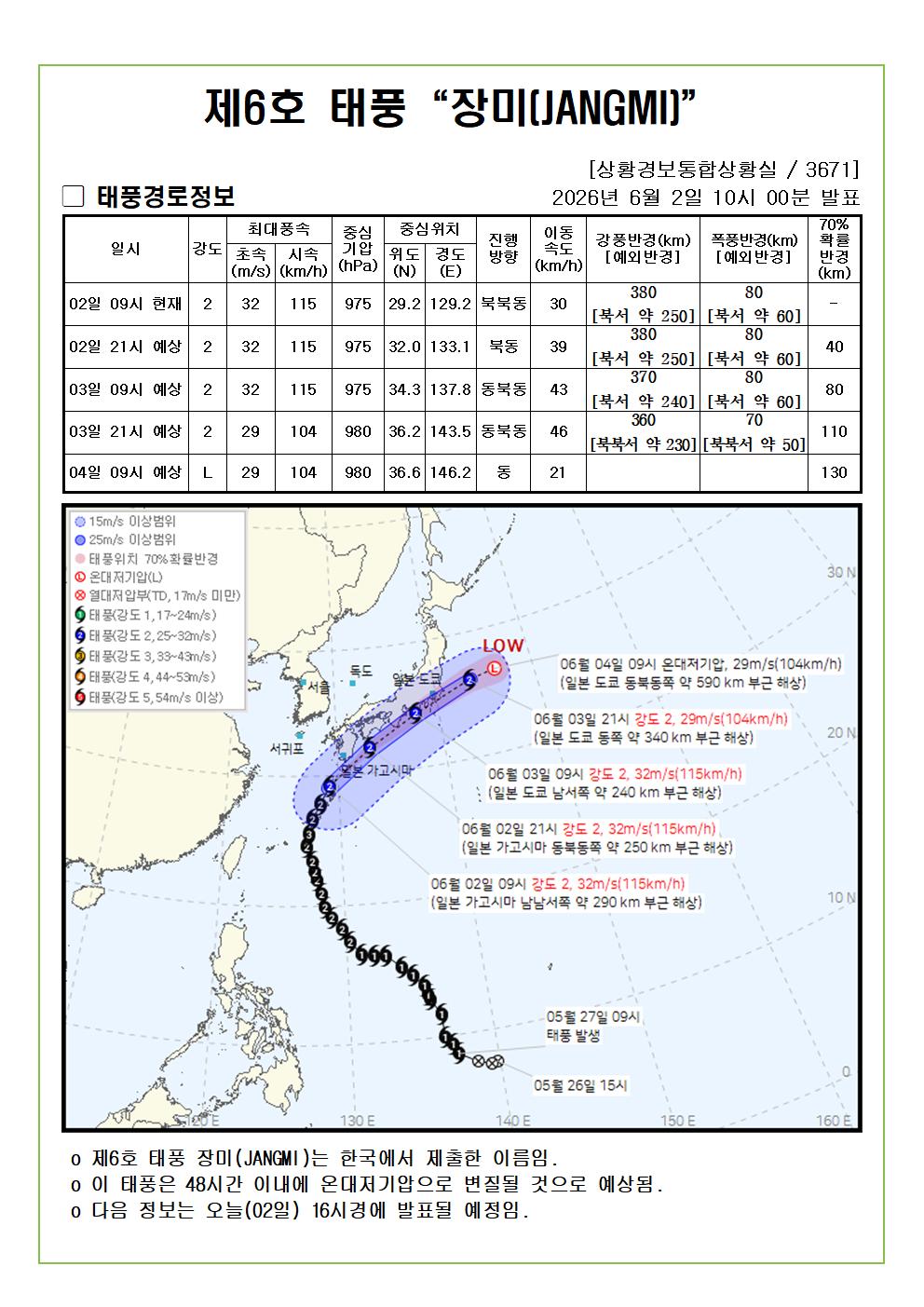 제6호 태풍 장미 예상진로도 2026. 06. 02. 10시00분 발표 