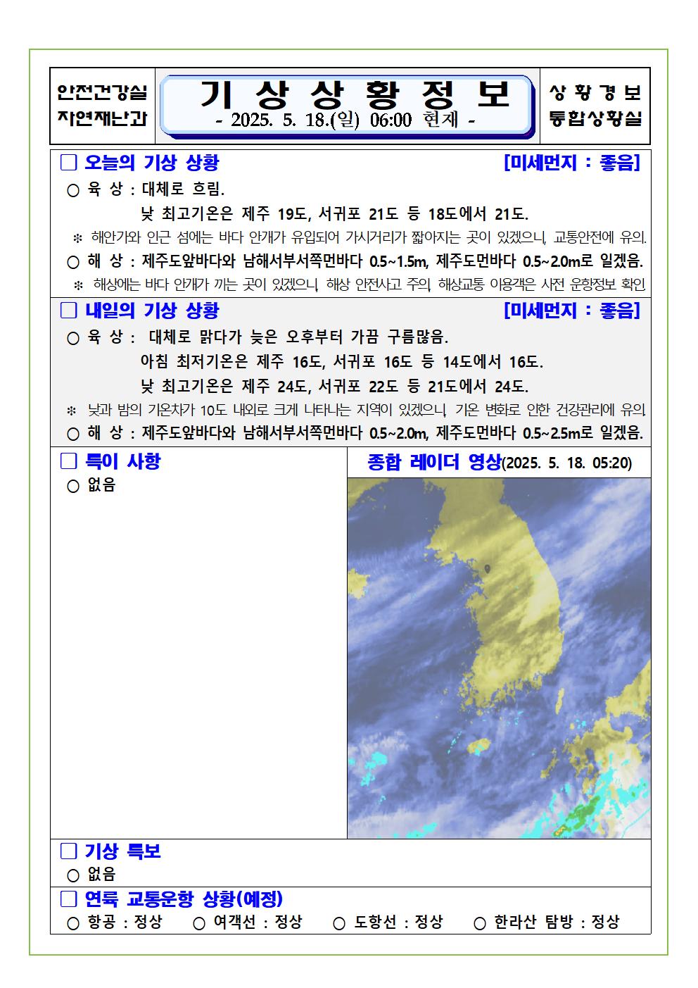 기상상황 2025. 5. 18. 일요일