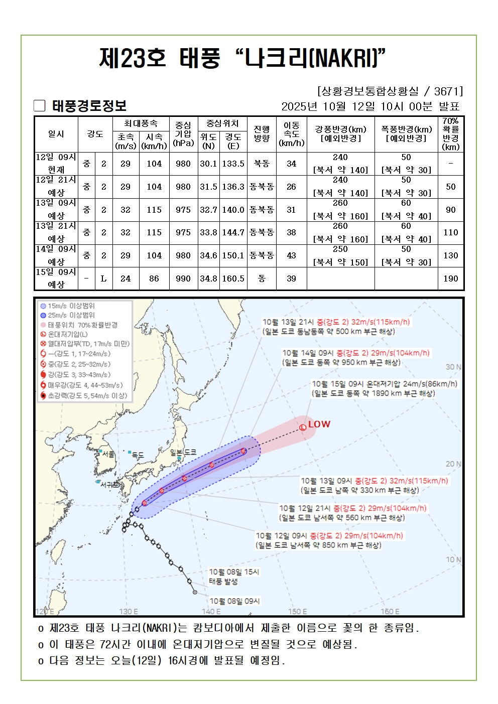 제23호 태풍 나크리 예상진로도 2025. 10. 12. 10시00분 발표 