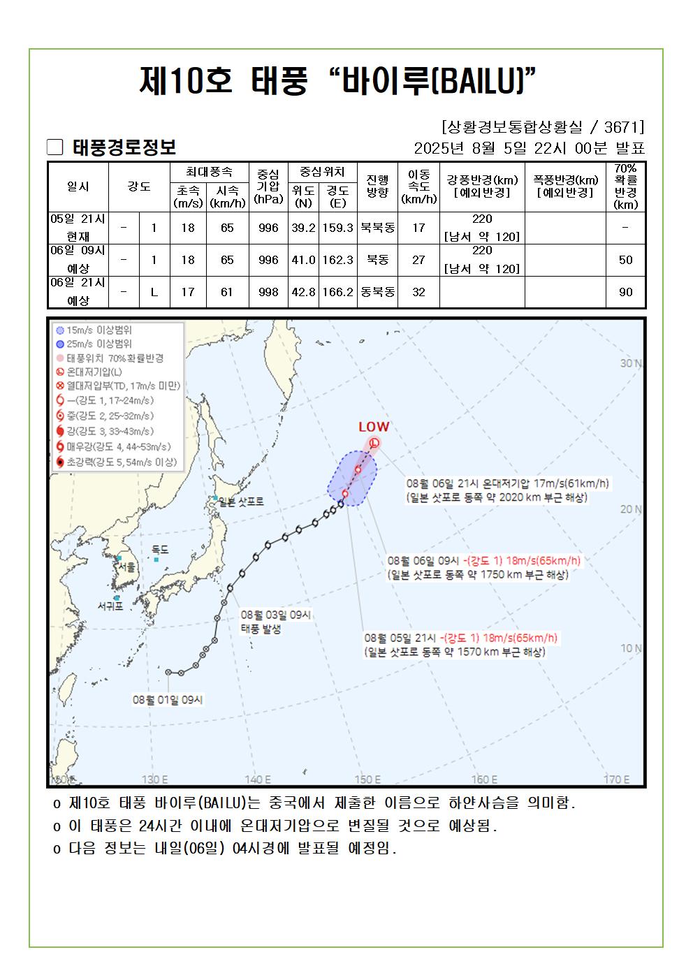 제10호 태풍 바이루 예상진로도 2025. 08. 05. 22시00분 발표 