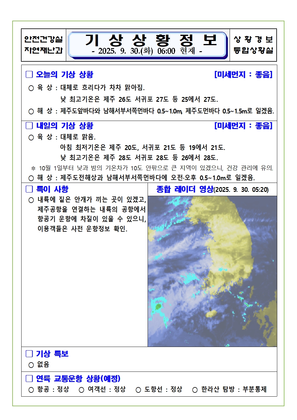 기상상황 2025. 9. 30. 화요일
