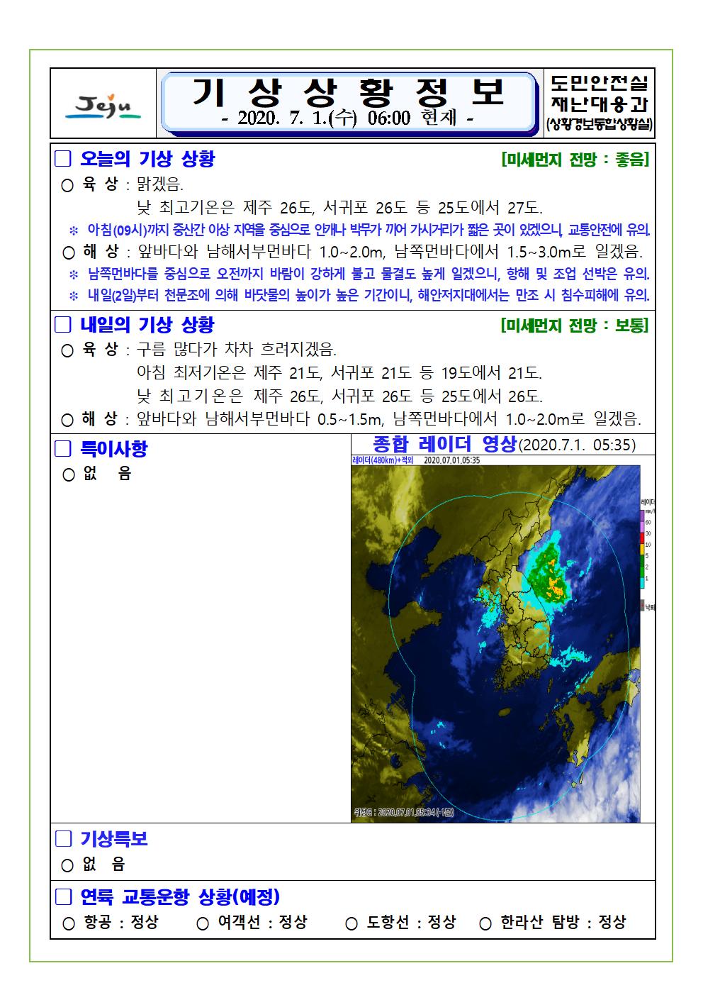 기상상황 2020. 7. 1. 수요일
