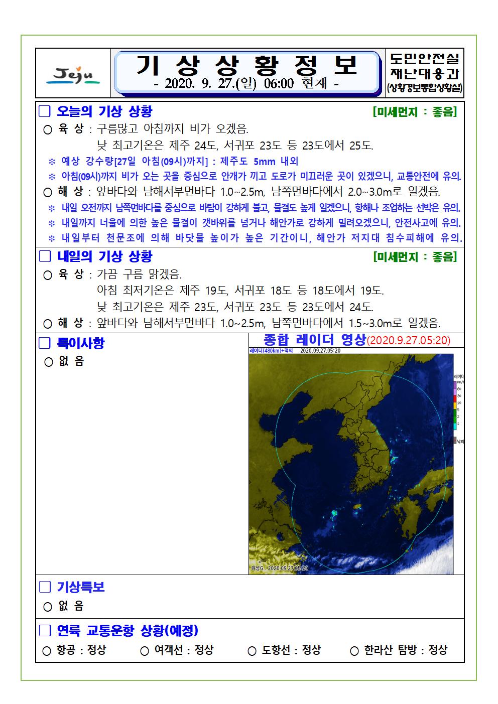 기상상황 2020. 9. 27. 일요일 