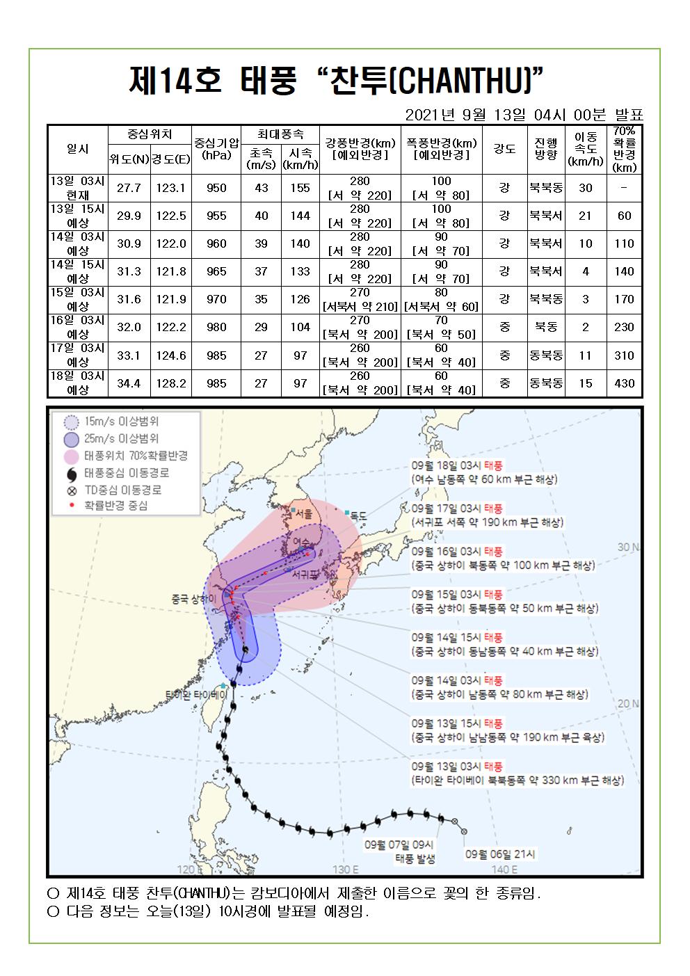 제14호 태풍 찬투 예상진로도 9월 13일(월) 04시00분 발표 