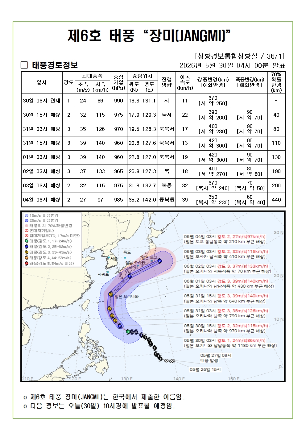 제6호 태풍 장미 예상진로도 2026. 05. 30. 04시00분 발표.