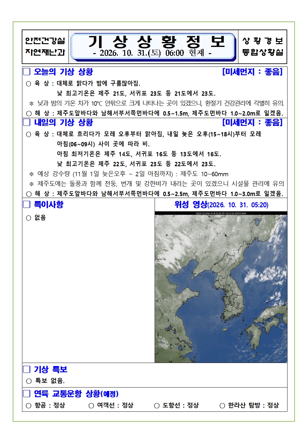 기상상황 2026.10.31. 토요일