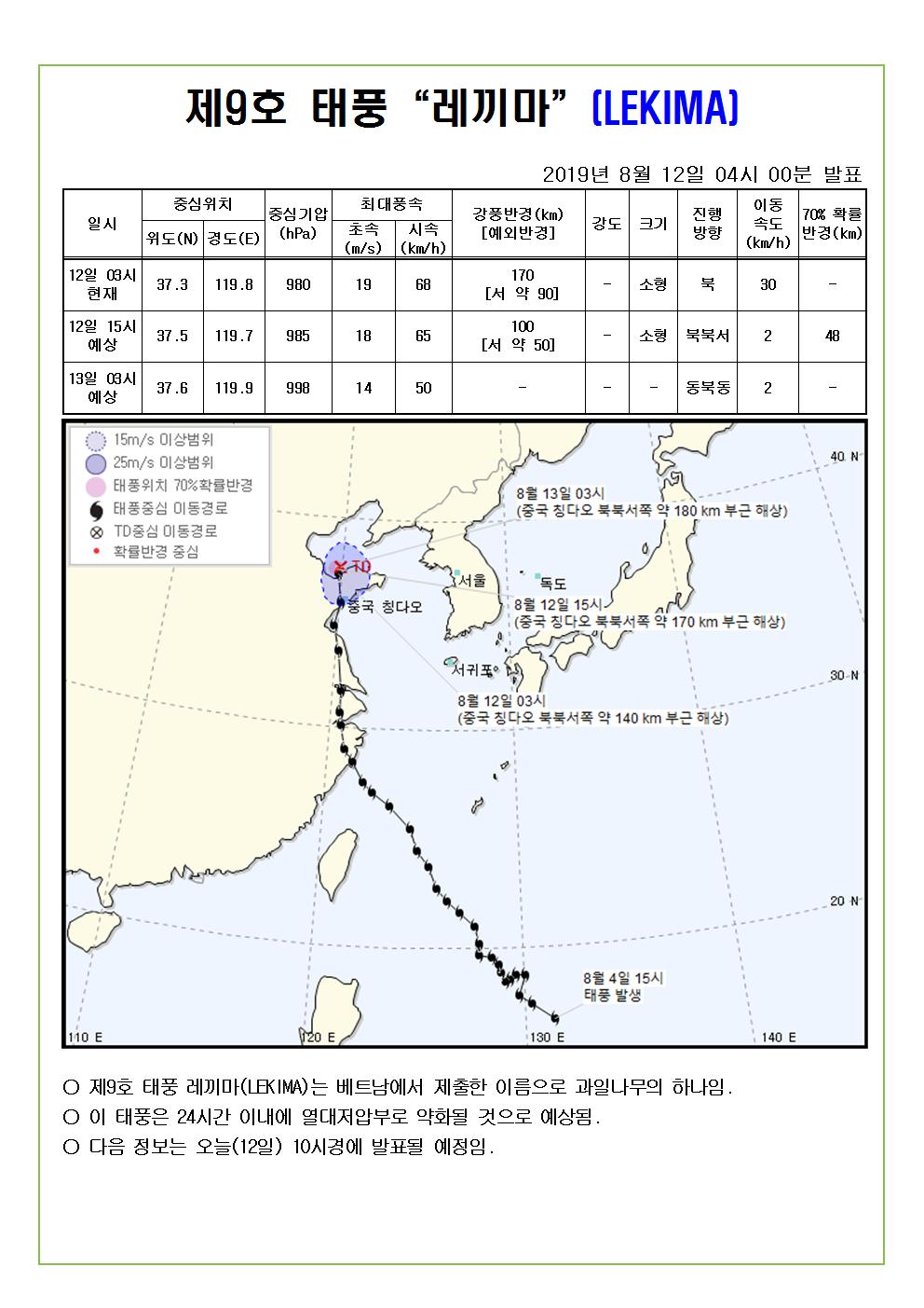 제9호 태풍 "레끼마" 예상진로도 2019.8.12.(월) 04시 00분 발표