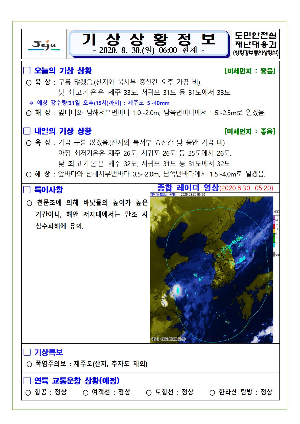 기상상황 2020. 8. 30. 일요일