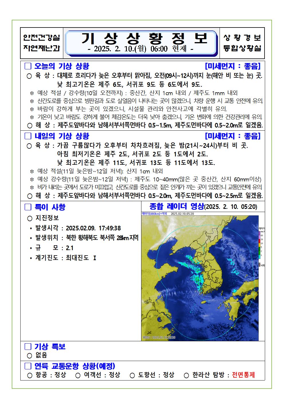 기상상황 2025. 2. 10. 월요일