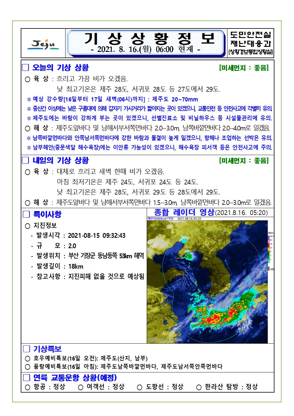 기상상황 2021.8.16. 월요일
