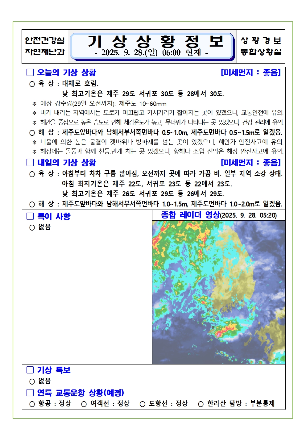 기상상황 2025. 9. 28. 일요일  