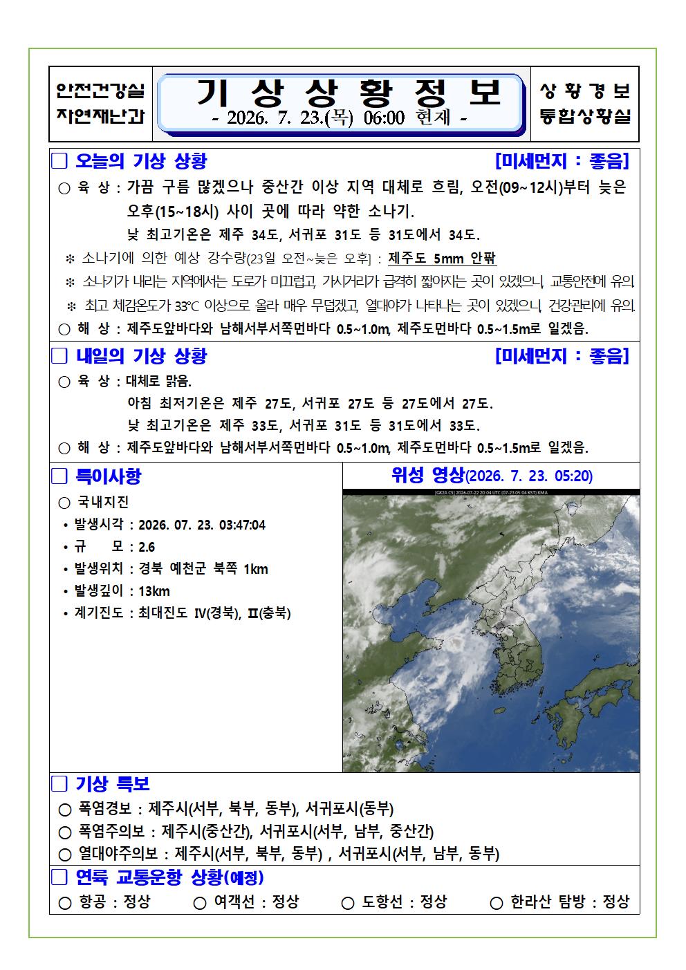 기상상황 2026. 7. 23. 목요일 