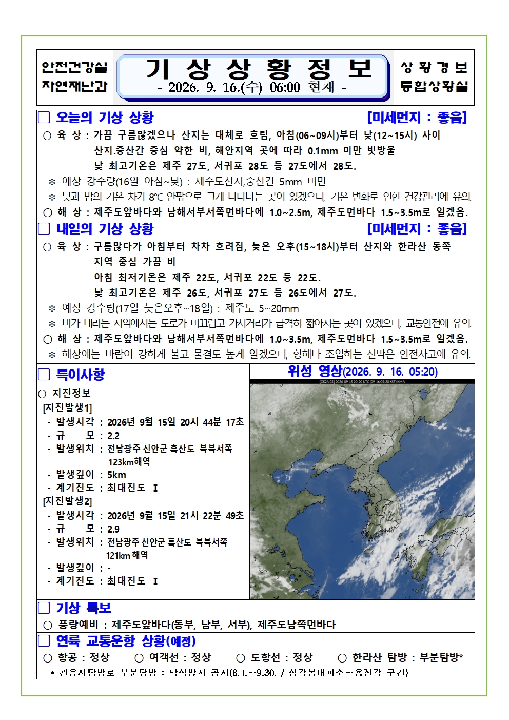 기상상황 2026.09.16.  수요일