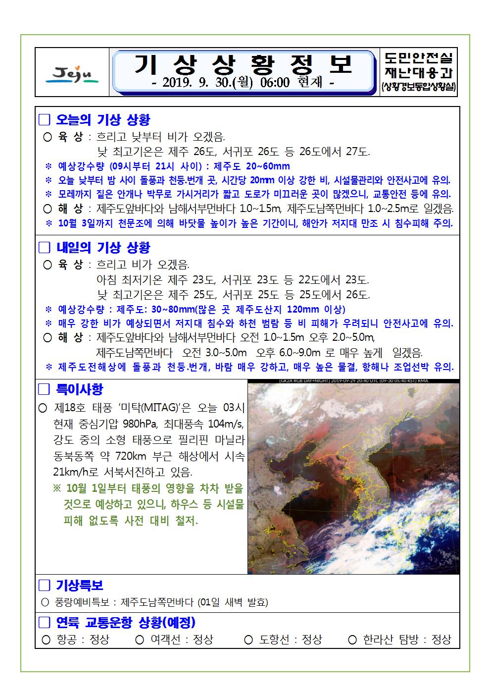 기상상황 정보 2019.9.30. 월요일 