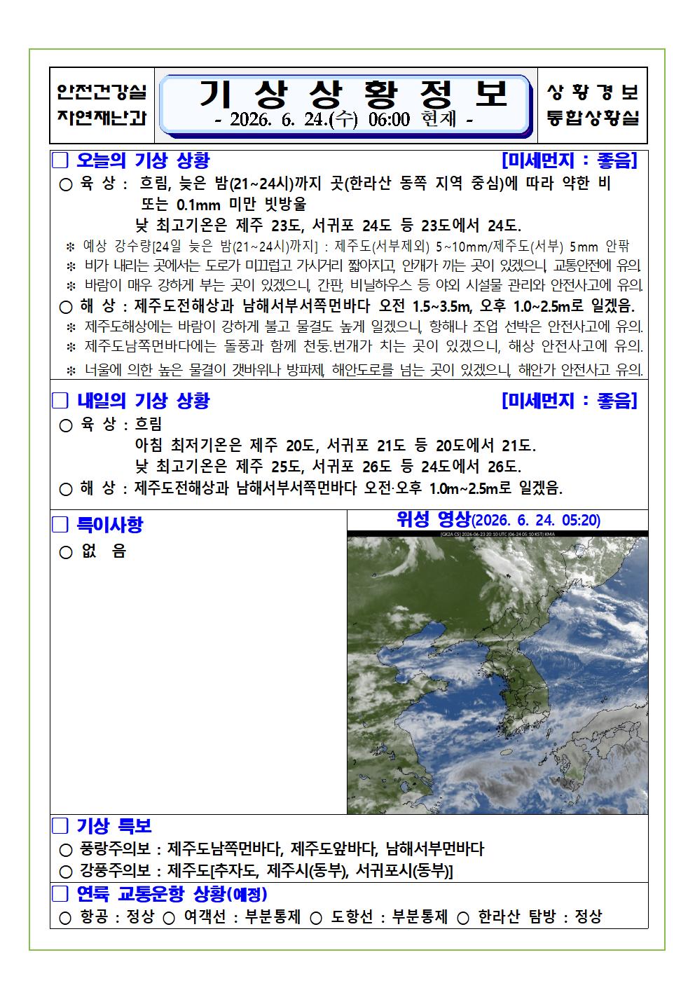 기상상황 2026. 6. 24. 수요일 