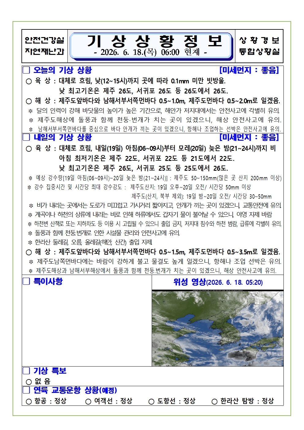 기상상황 2026. 6. 18. 목요일 