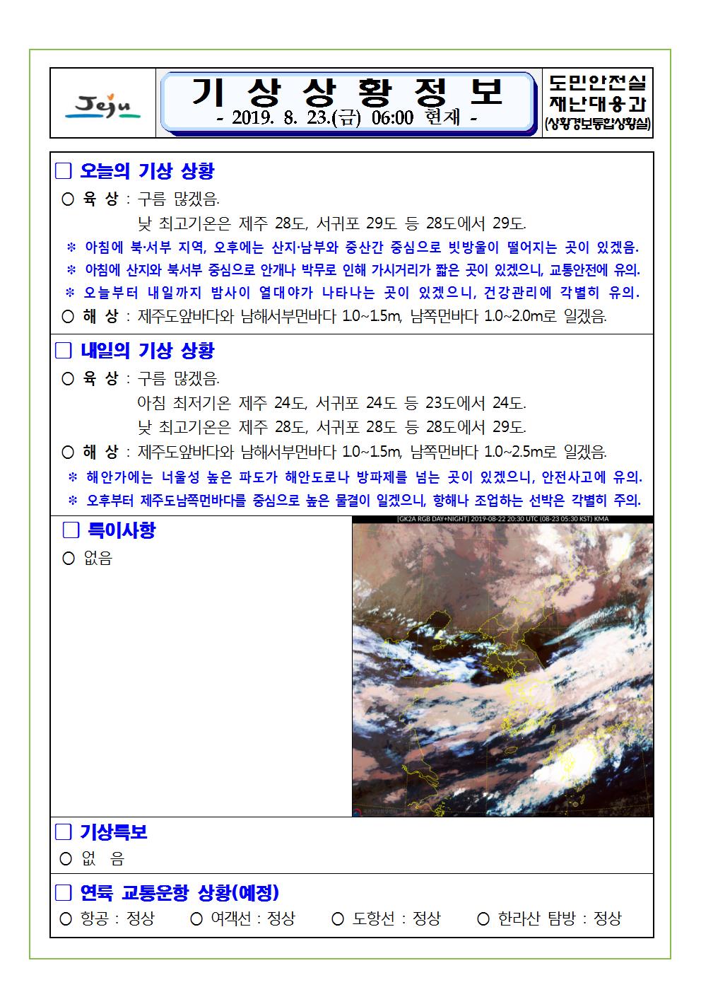 기상상황 정보 2019.8.23. 금요일