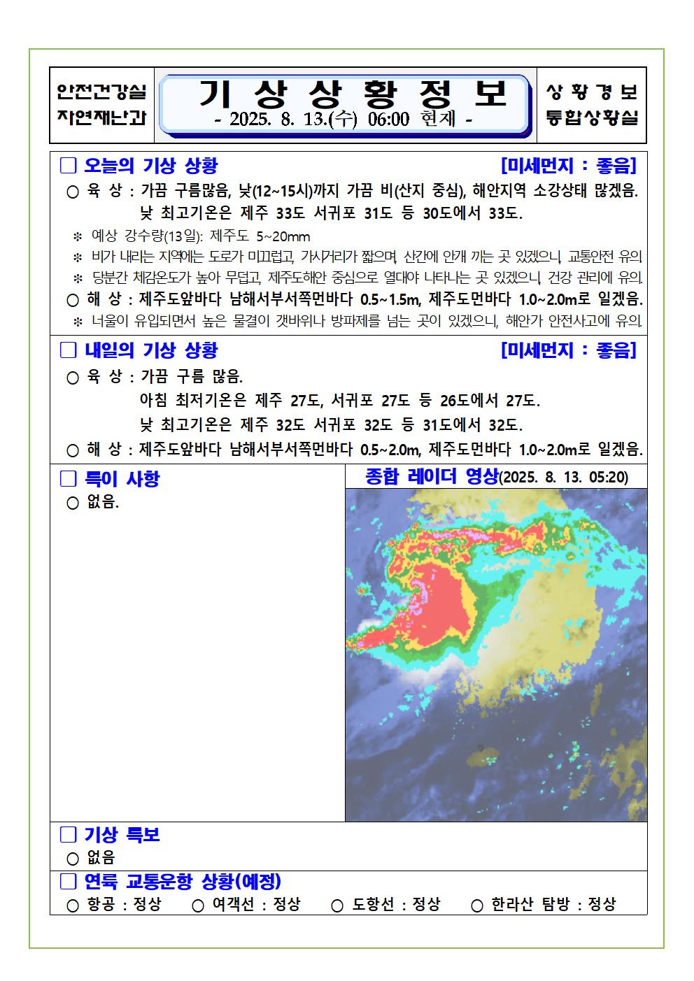 기상상황 2025. 8. 13. 수요일 