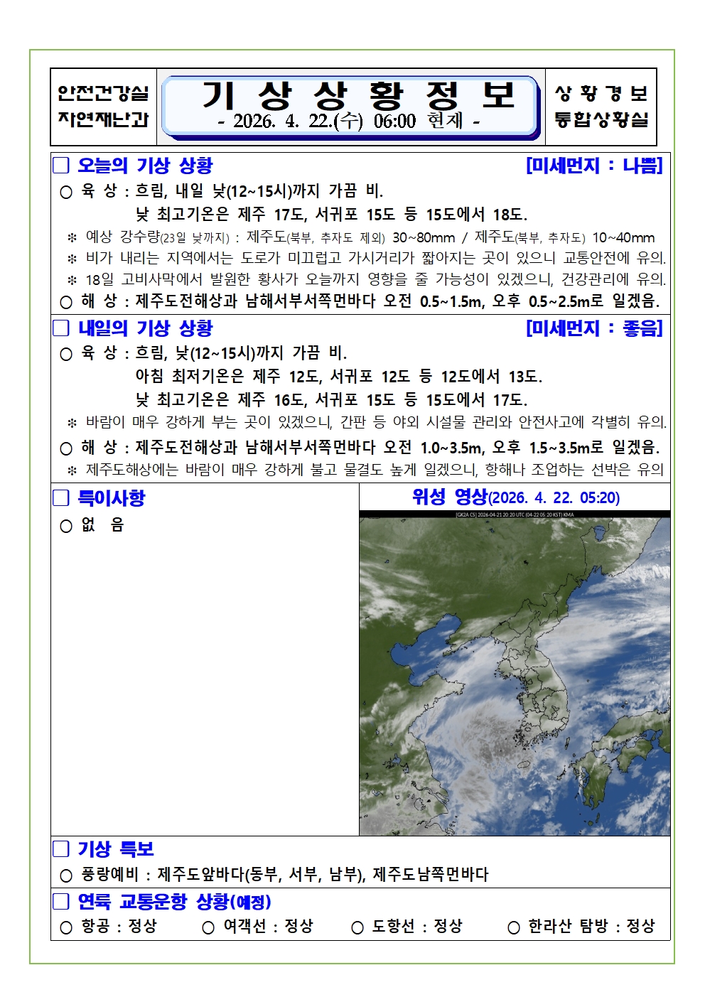 기상상황 2026. 4. 22. 수요일