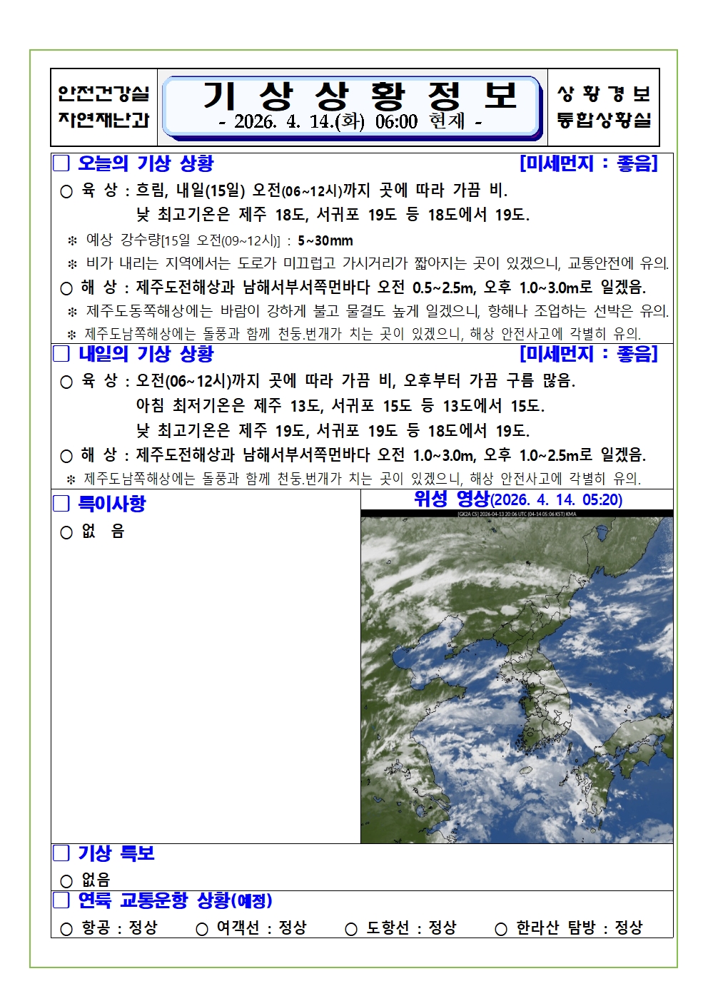 기상상황 2026. 4. 14. 화요일 