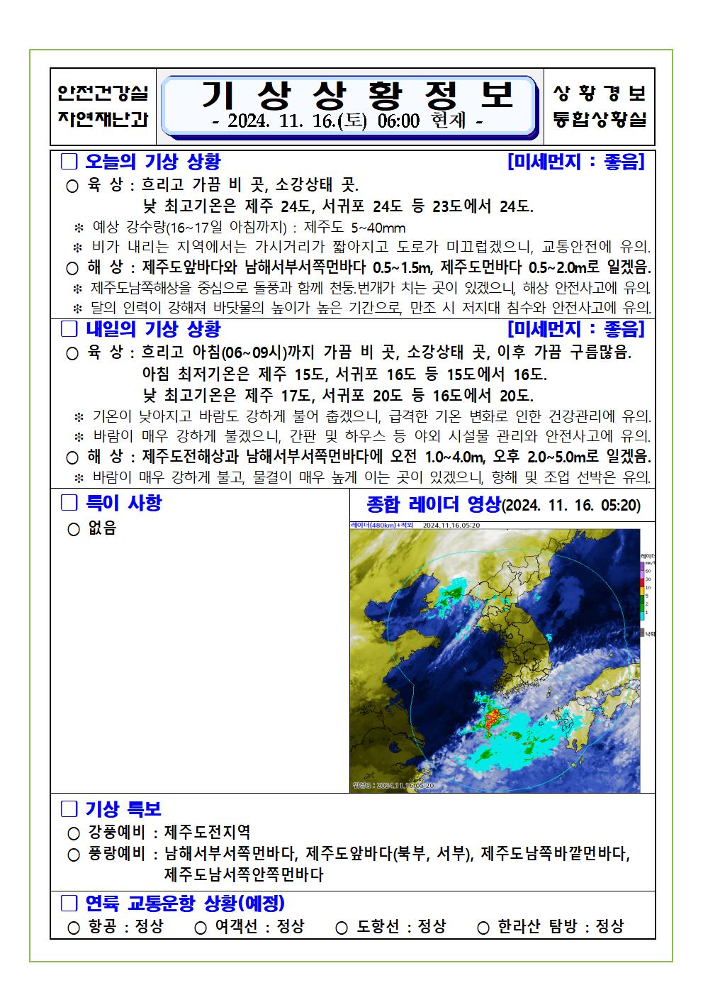 기상상황 2024. 11. 16. 토요일