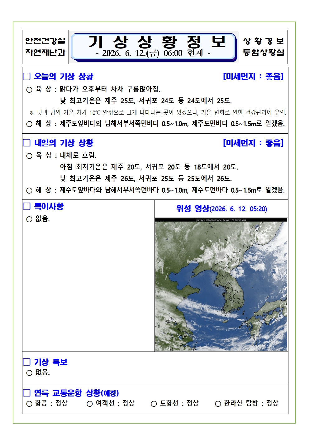 기상상황 2026. 6. 12. 금요일 