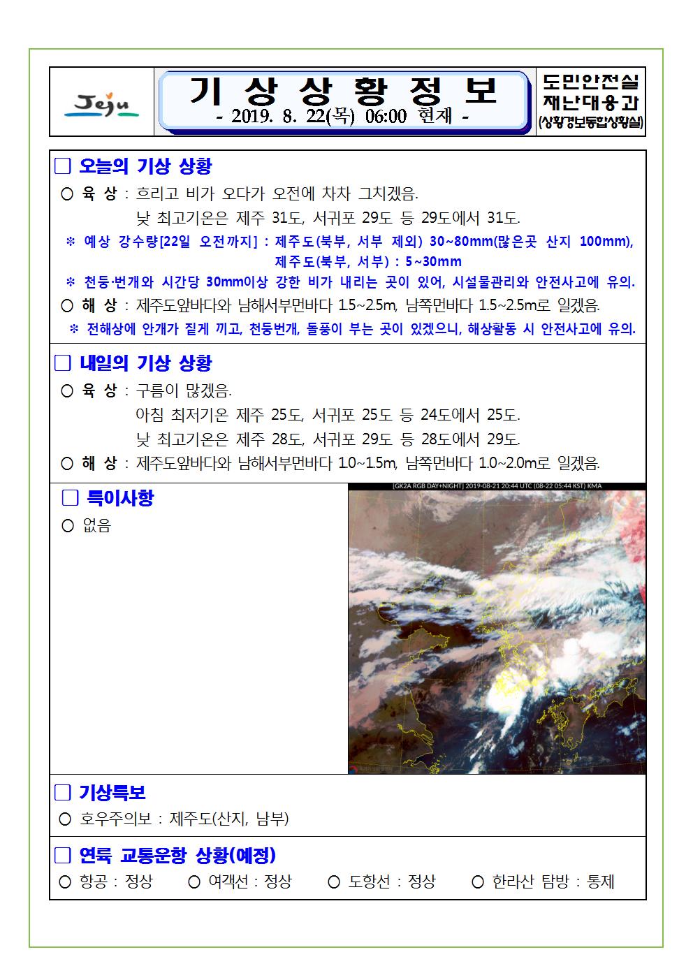 기상상황 정보 2019.8.22. 목요일