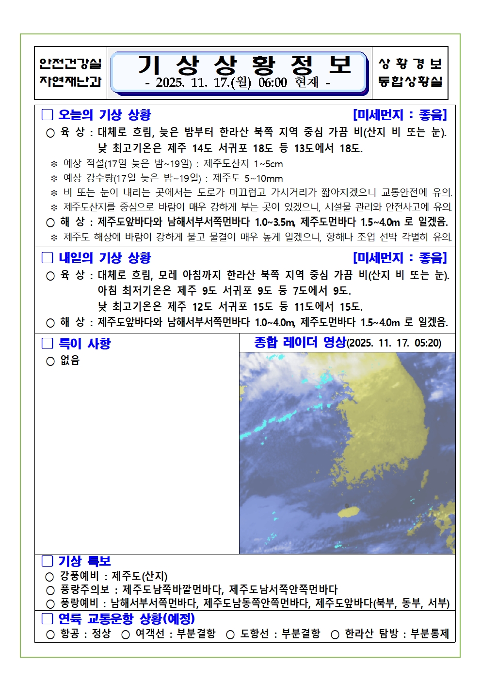 기상상황 2025. 11. 17. 월요일