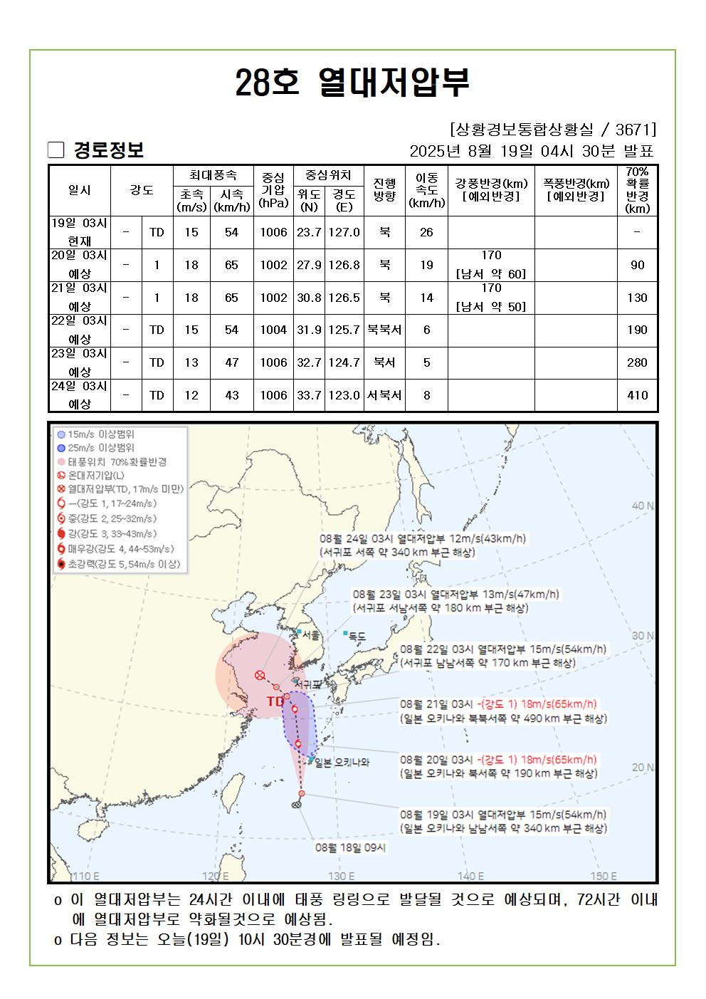 제28호 열대저압부 예상진로도 2025. 08. 19. 04시30분 발표 