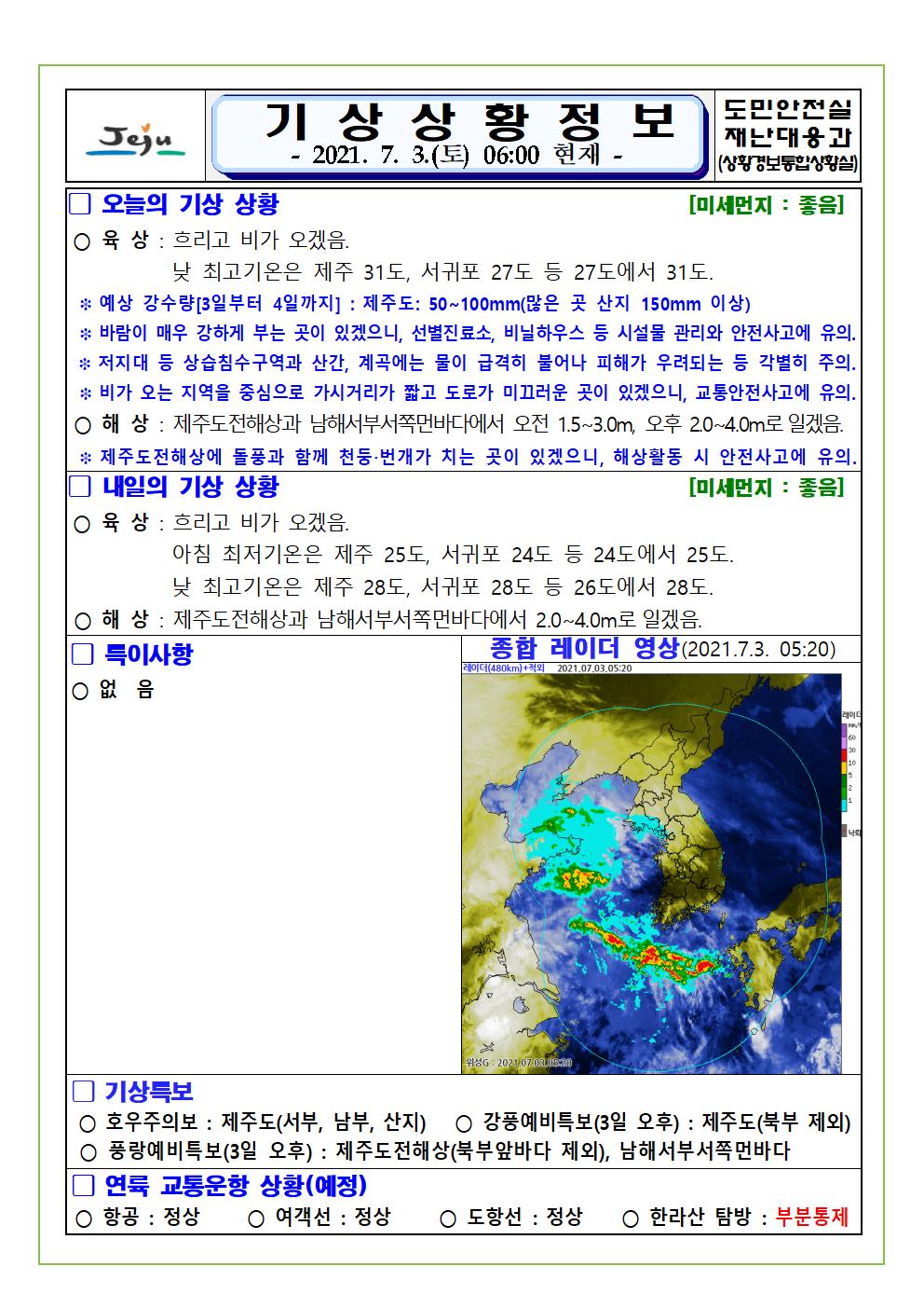 기상상황 2021.7.3 토요일 