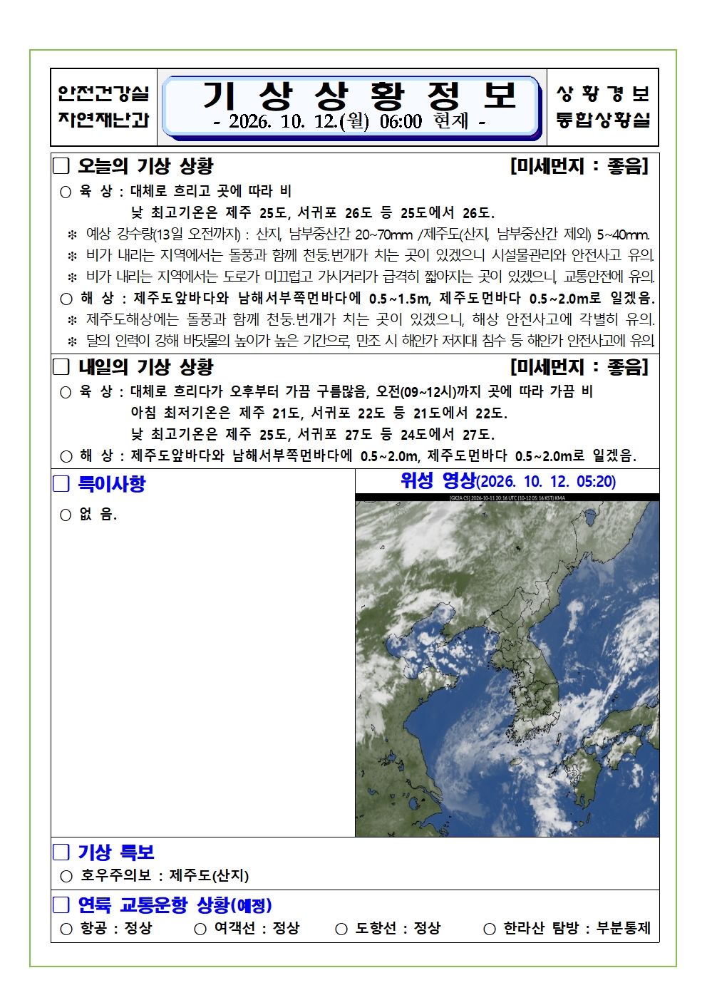 기상상황 2026.10.12. 월요일