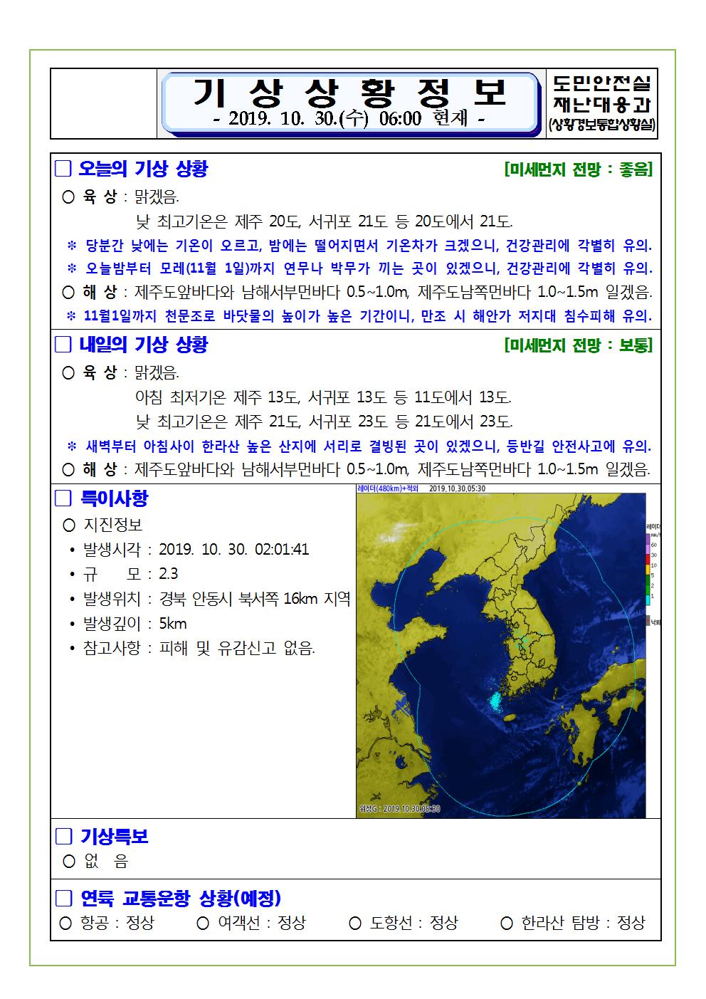 기상상황 정보 2019.10.30. 수요일 