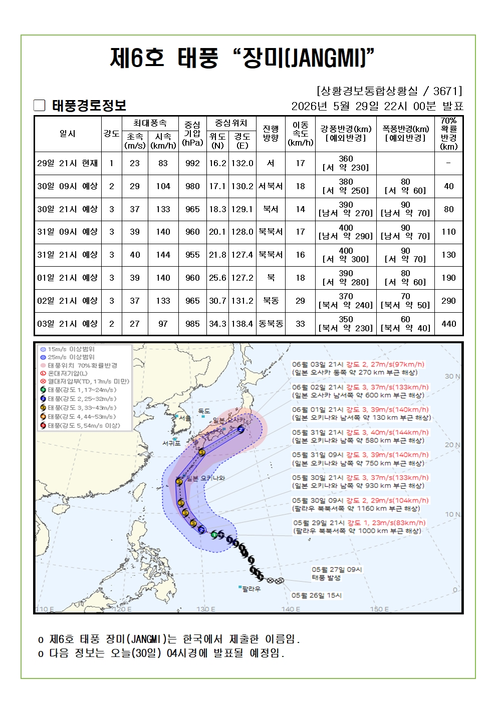 제6호 태풍 장미 예상진로도 2026. 05. 29. 22시00분 발표. 