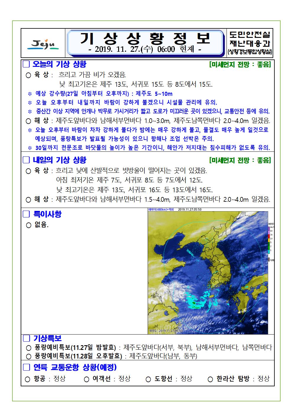 기상상황 정보 2019.11.27. 수요일