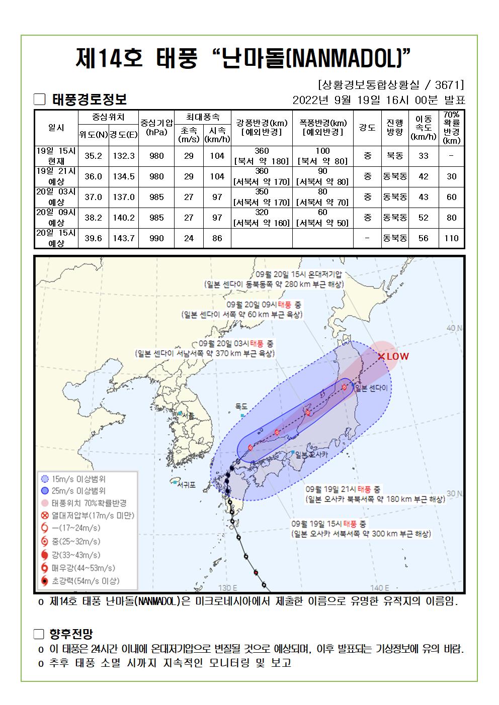 14호 태풍 난마돌 예상진로도 2022. 9. 19.(월). 16:00분 발표 