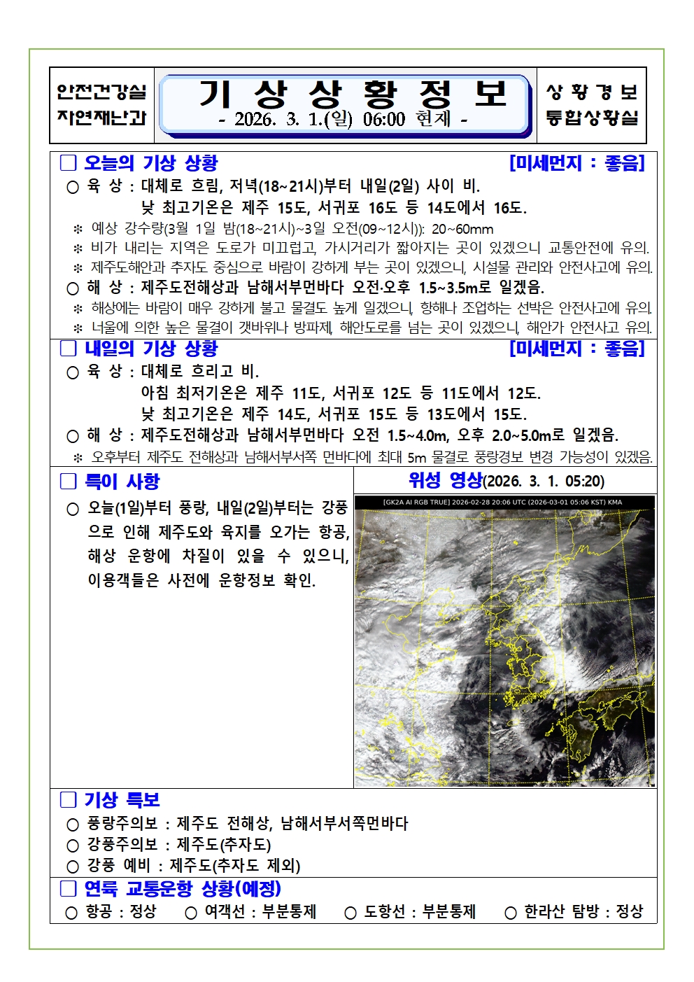 기상상황 2026. 3. 1. 일요일 