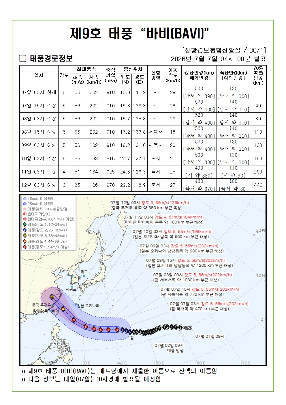 제9호 태풍 바비 예상진로도 2026. 07. 07. 04시00분 