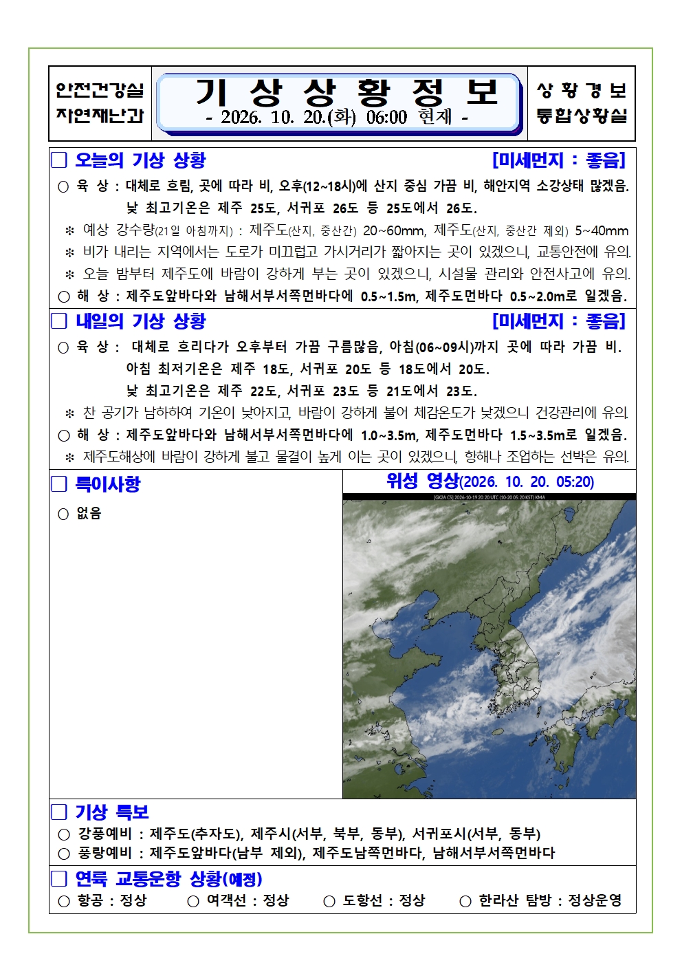 기상상황 2026.10.20. 화요일 
