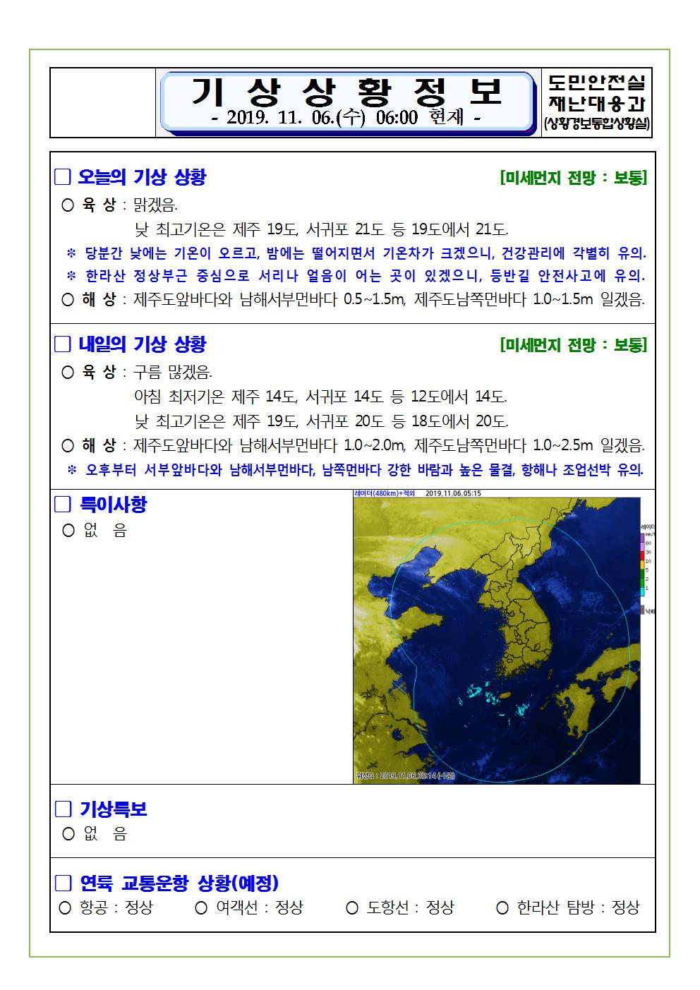 기상상황 정보 2019.11.6. 수요일 
