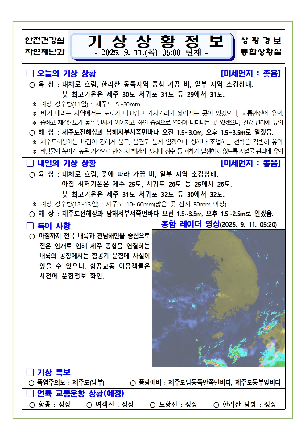 기상상황 2025. 9. 11. 목요일