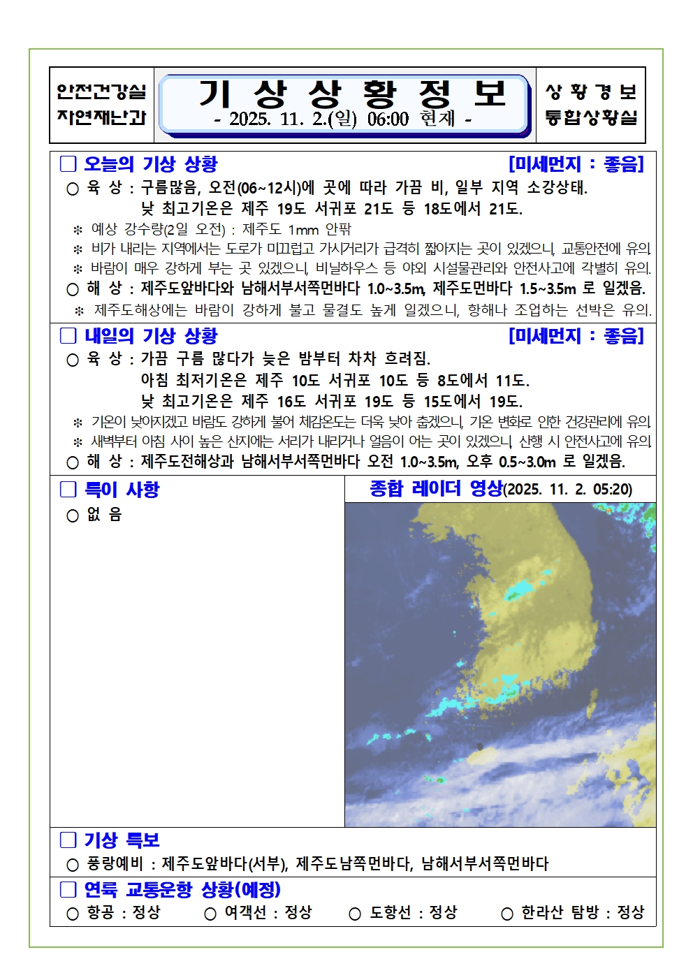 기상상황 2025. 11. 02. 일요일 
