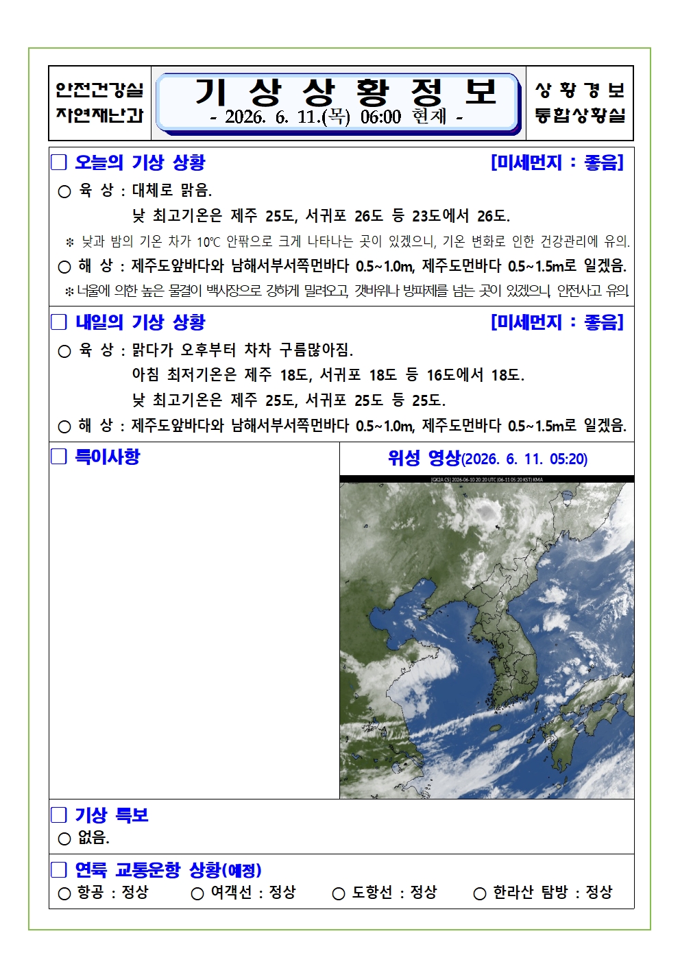 기상상황 2026. 6. 11. 목요일